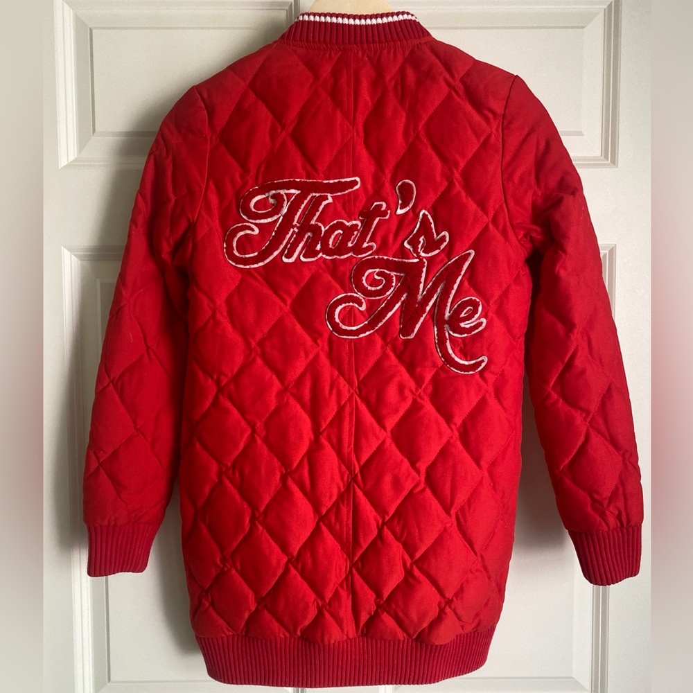 BSX Long Quilted Puffer Down Jacket Patches Women’s Size S Red Rebellion Cheffy